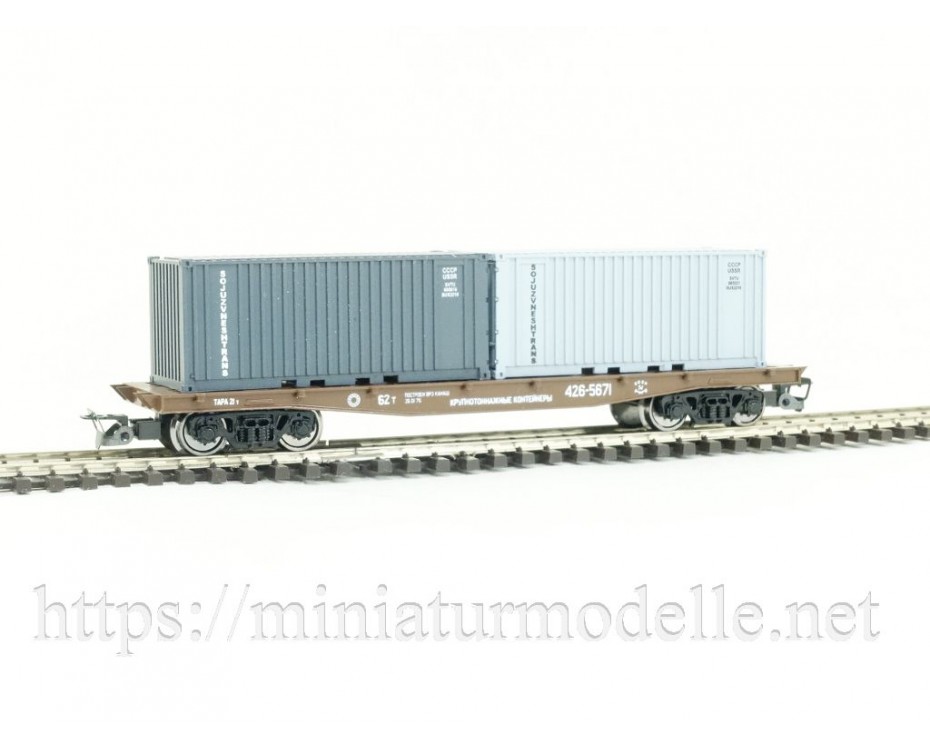 1:120 TT 3819 Containertragwagen mit zwei 20' Containern der CCCP, 4. Epoche, 3819, Peresvet by https://miniaturmodelle.net