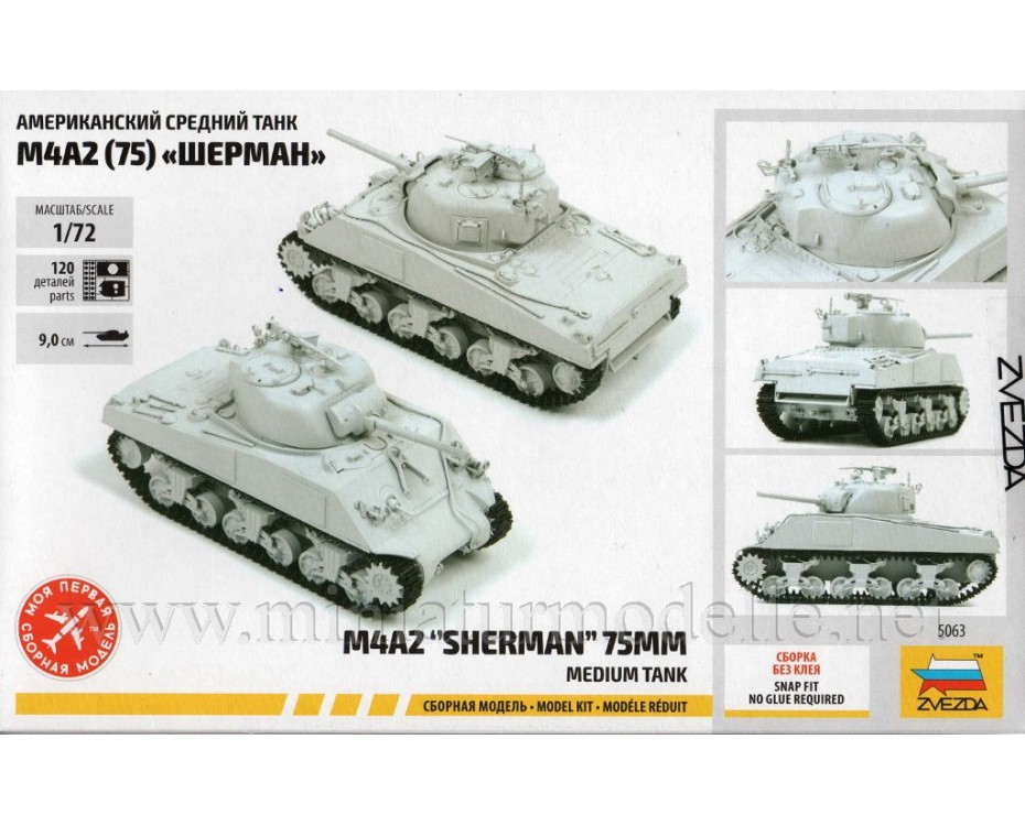 1:72 M4A2 Sherman 75mm medium tank, kit, 5063, Zvezda by www.miniaturmodelle.net
