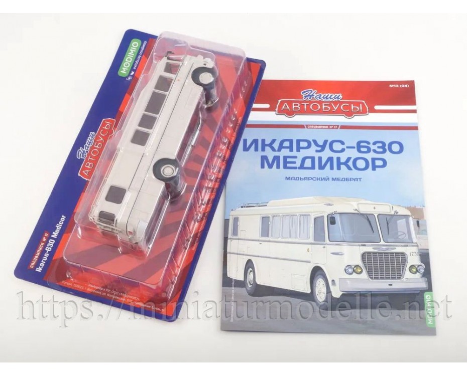 1:43 Ikarus 630 Medicor X-ray bus with magazine #17, special issue, SNA17, Modimio Collections by https://miniaturmodelle.net