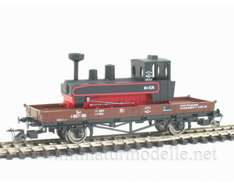 1:120 TT 3231 Platforma ar kravu - šaursliežu lokomotīvi ML, brūna, CCCP, 3 laikmets, 3231, Peresvet by https://miniaturmodelle.net
