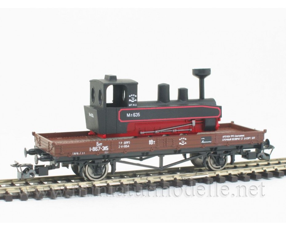 1:120 TT 3231 Platforma ar kravu - šaursliežu lokomotīvi ML, brūna, CCCP, 3 laikmets, 3231, Peresvet by https://miniaturmodelle.net